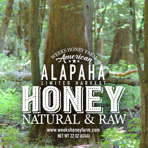 Alapaha Honey from Weeks Honey Farm. This smooth natural blend of Tupelo and Wildflower honey  has become a best seller with smooth taste and benefits. Sourced from the Alapaha River in South Georgia and North Florida this honey mimmicks the caramel colors of the river and the sweet aroma of the wild tupelo trees and wildflowers on it's border.  All-natural raw honey has all the associated health benefits great American honey is known for. Harvested from South Georgia, USA. No additives or fillers.