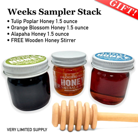 Weeks Sampler Stack- Glass, 1.5 Ounce 3 Pack Honey from Weeks Honey Farm, Inc. http://www.WeeksHoneyFarm.com